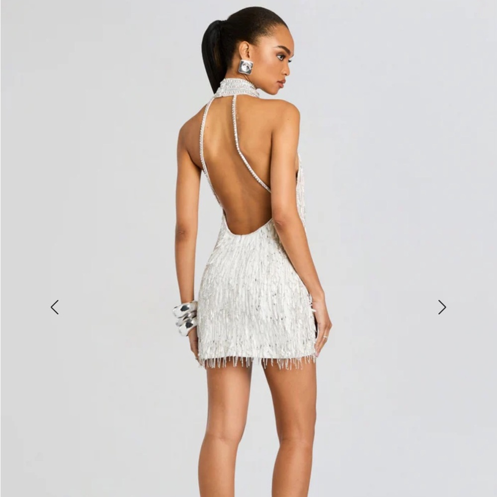 Retrofete Ivory Gold Beaded Fringe Halter Mini Dress - Picture 5 of 15